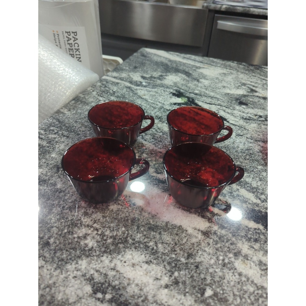 Arcoroc France Deep Ruby Red 3" Glass Tea Coffee Cup MCM 1960s Set of 4